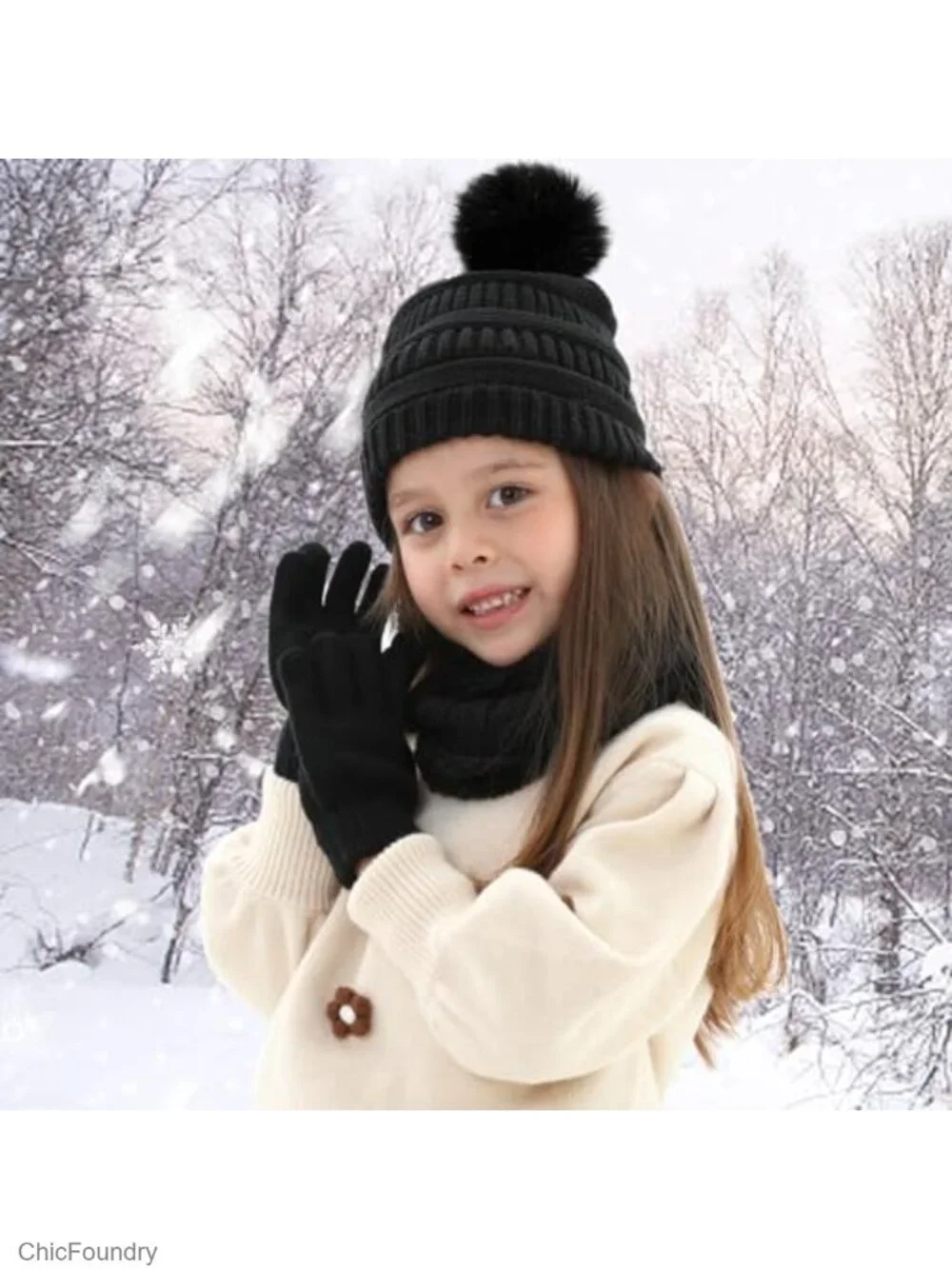 Kids Winter Beanie Hat Scarf Gloves Set Thick Warm Knitted Fleece Lined